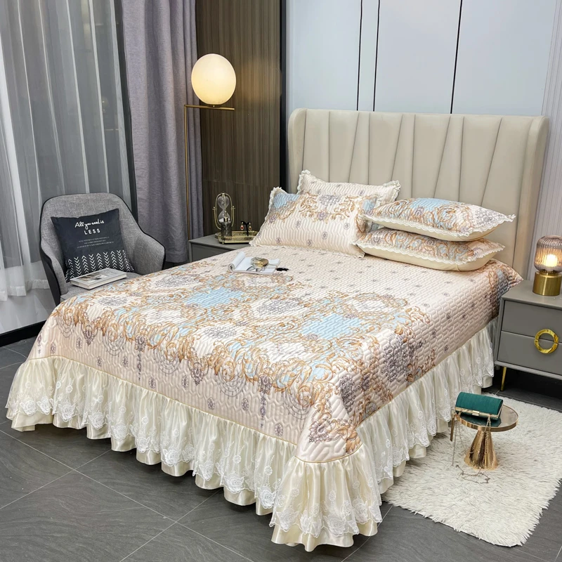 夏季新款冰丝夹棉床盖款软凉席印花三件套欧式轻奢凉感卧室空调席