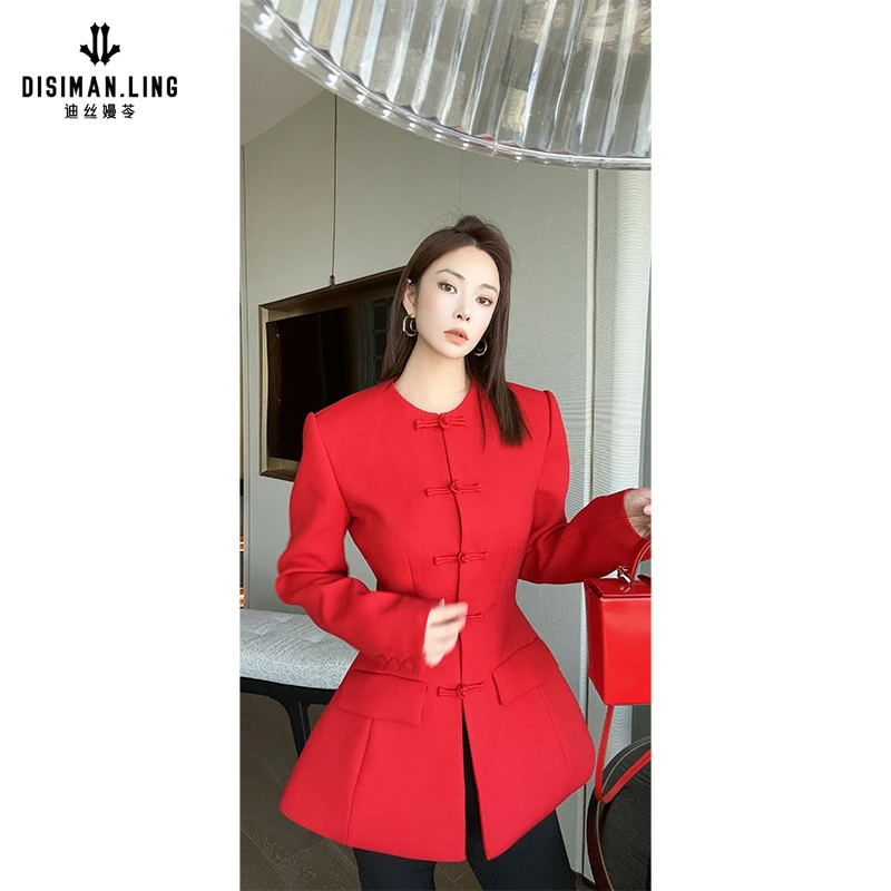 迪丝嫚苓红色中式西服外套气质时尚修身显瘦秋冬中国风气质女士