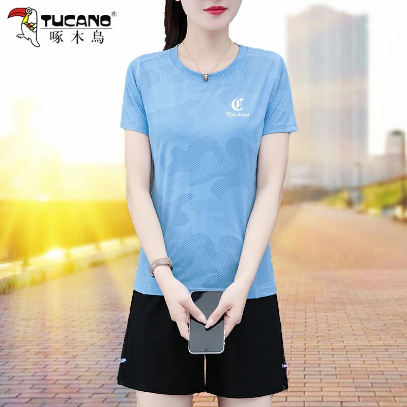 啄木鸟冰感运动套装女夏季2025新款宽松印花T恤短裤运动服两件套