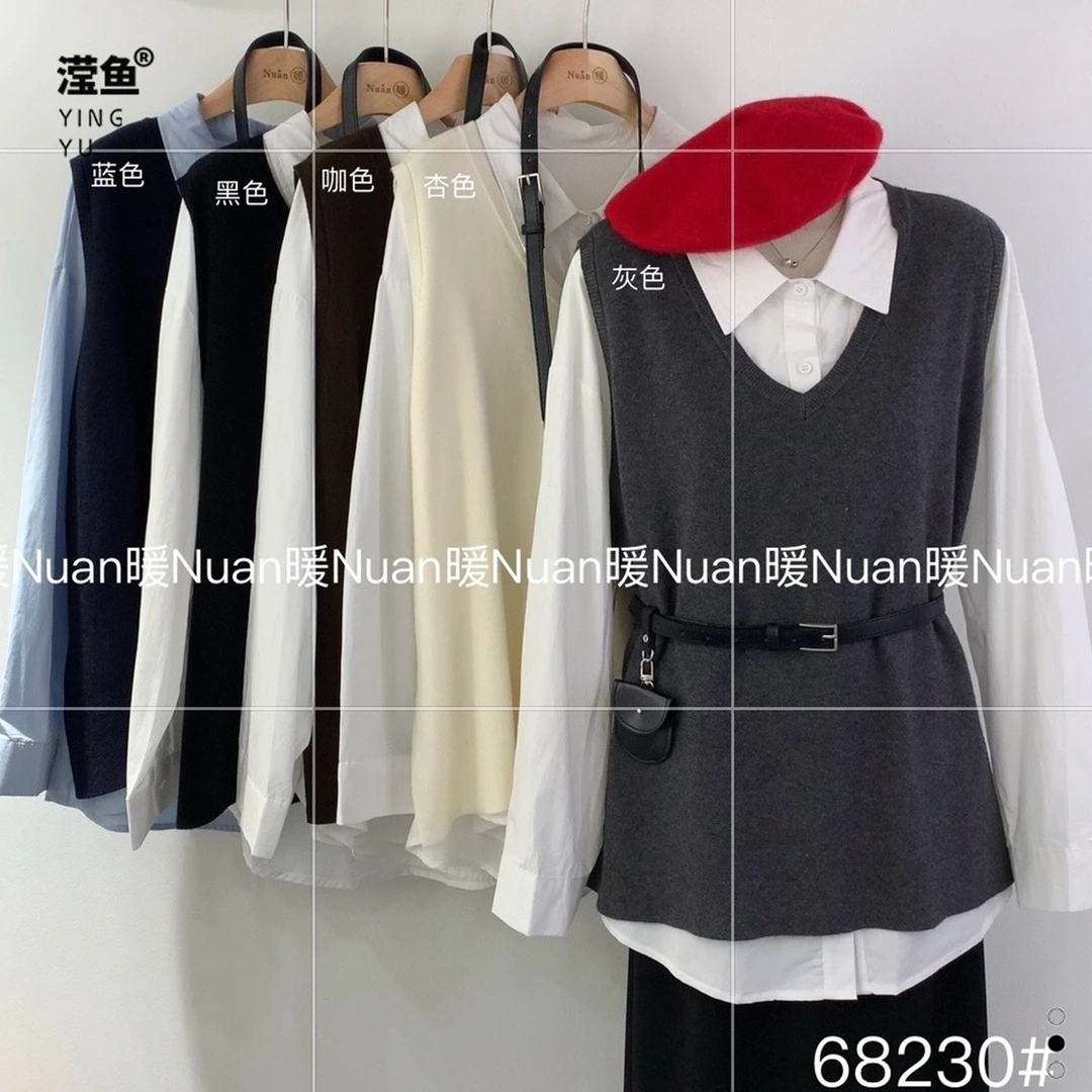 暖 68230大码时尚百搭显瘦马甲两件套女宽松洋气百搭气质上衣套装