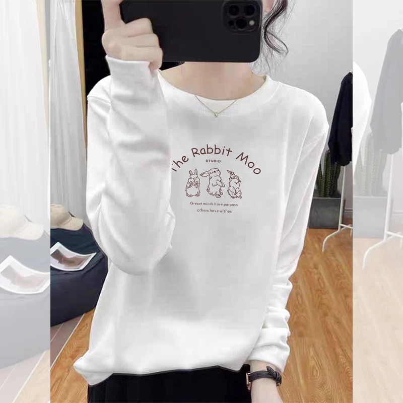 婳娇2025年早春季长袖t恤内搭女百搭时尚圆领体恤衫正肩宽松上衣