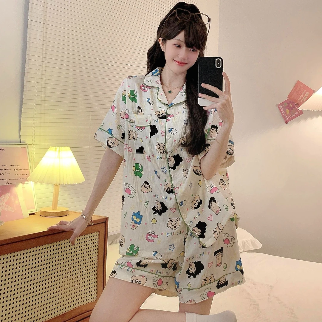 大码宽松卡通短袖短裤长裤套装250斤睡衣女家居服卡通可外穿夏季