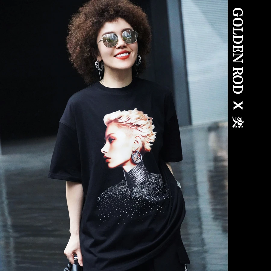 【GOLDEN ROD X 奕】原创设计师品牌2025夏季新款 烫钻美女短袖T恤