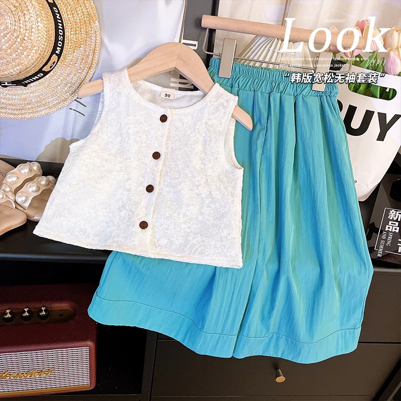 韩韩良品儿童无袖套装2025夏新款简约上衣宽松阔腿裤两件套AXB007