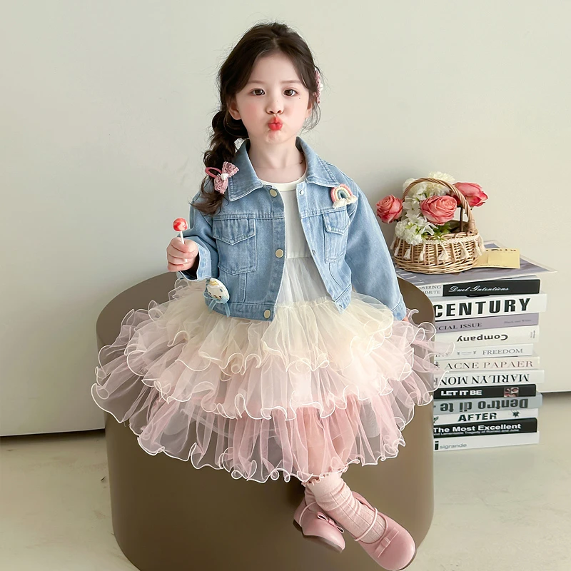 女童连衣裙春秋2025新款儿童牛仔外套纱裙小女孩秋装公主套装裙子