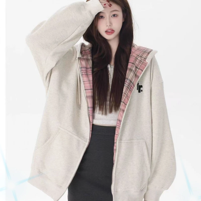 这件好好搭!!!【格子拼接】韩系校园风连帽卫衣女INS韩版开衫外套
