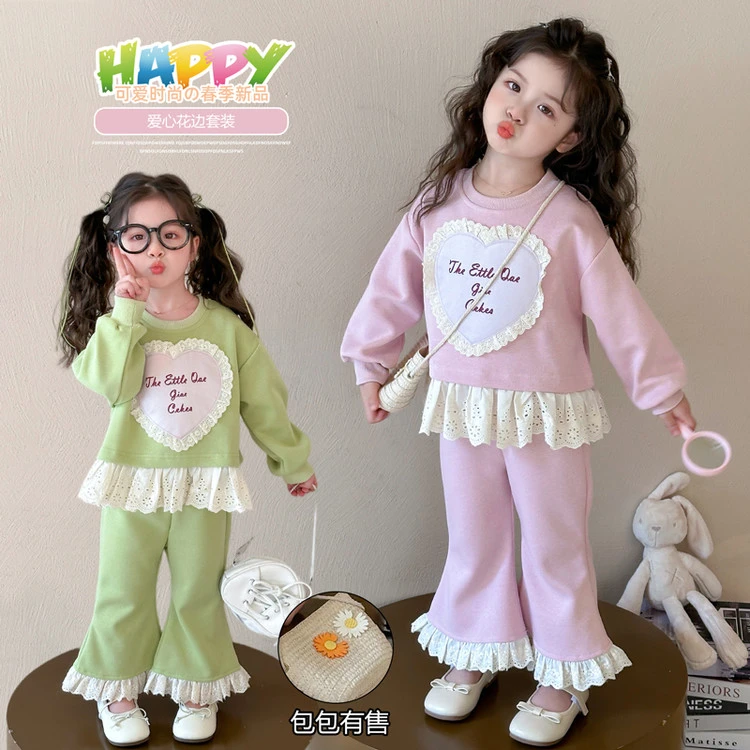 儿童套装休闲春秋纯色新款女童时尚洋气卫衣中小童长袖花边两件套