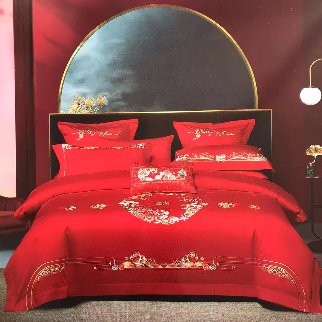 纯棉绣花提花婚庆四件套婚房大红色高档提花