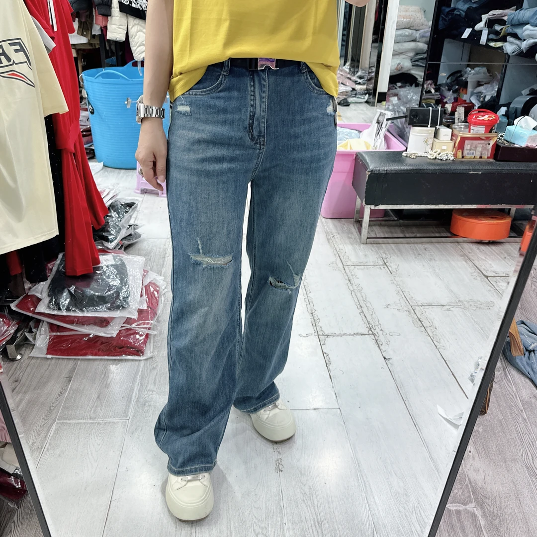 韩版薄料超好穿破裤小直筒牛仔裤86082美