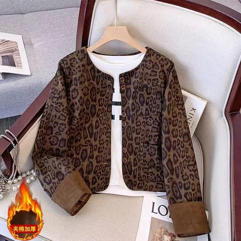 2667（丹姐家）美拉德麂皮绒豹纹小香风外套冬新款短款上衣夹棉夹克