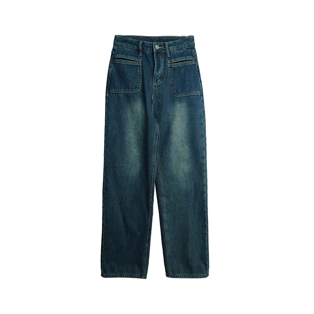 X1177【爆款】美式复古做旧水洗高腰加绒牛仔裤宽松显瘦阔腿直筒裤