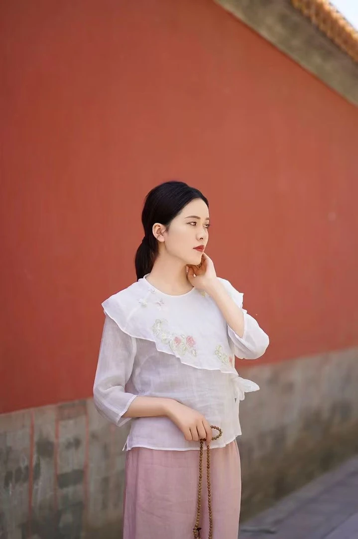 大吉新款春夏女衬衣衬衫七分袖苎麻门襟绣花斜襟茶服上衣小衫