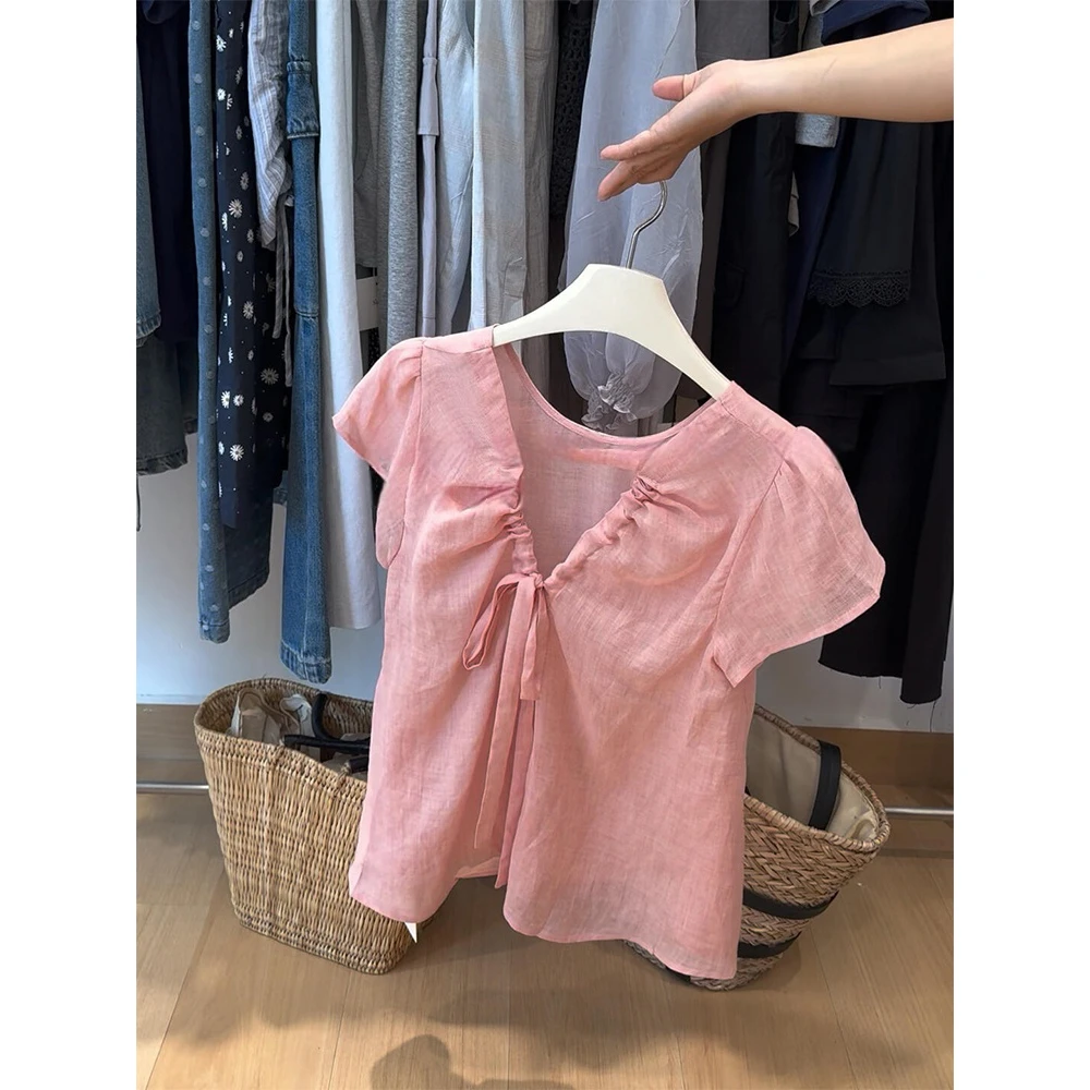 超级推荐！太美啦~2025年夏季新款粉色露背系带v领上衣女夏季衬衫