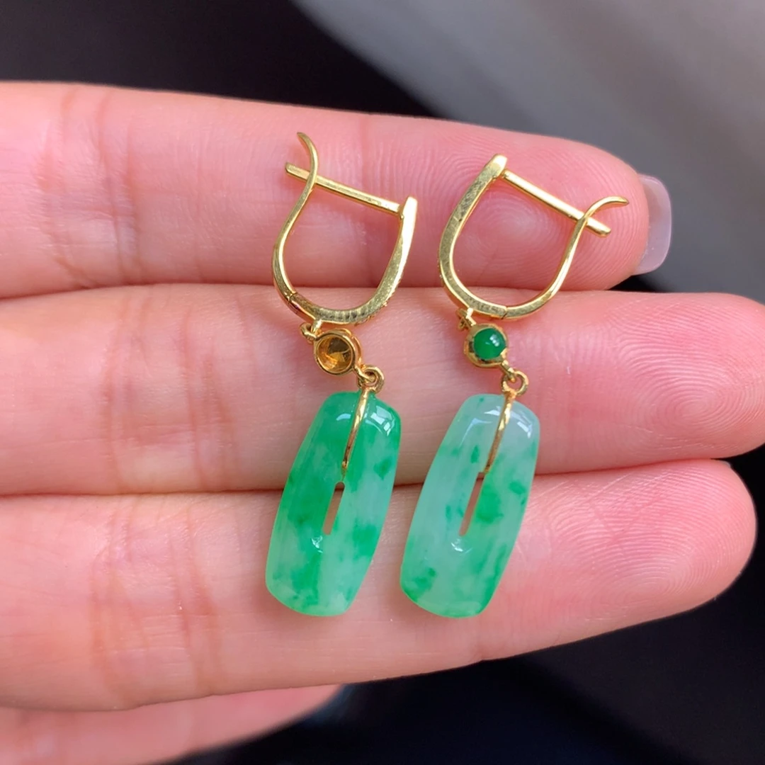 翡翠18K金镶嵌颈饰翡翠首饰方糖飘绿花耳坠