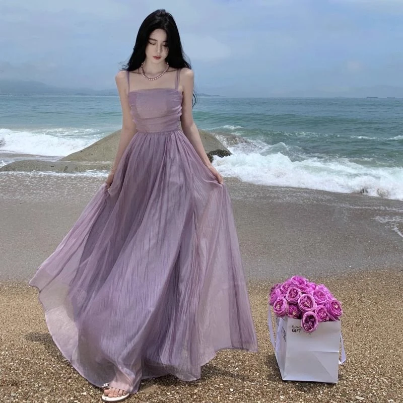 海边度假风超仙连衣裙2025夏季新款修身收腰显瘦温柔纯色长裙子女