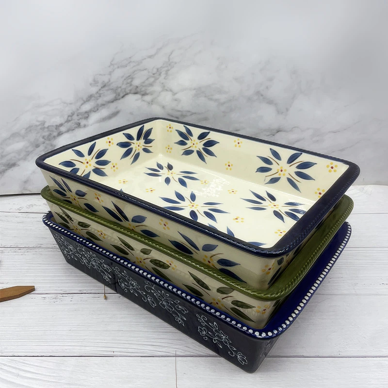 外贸出口陶瓷双耳大烤盘14英寸长方形大容量浮雕水果盆烤鱼盘收纳
