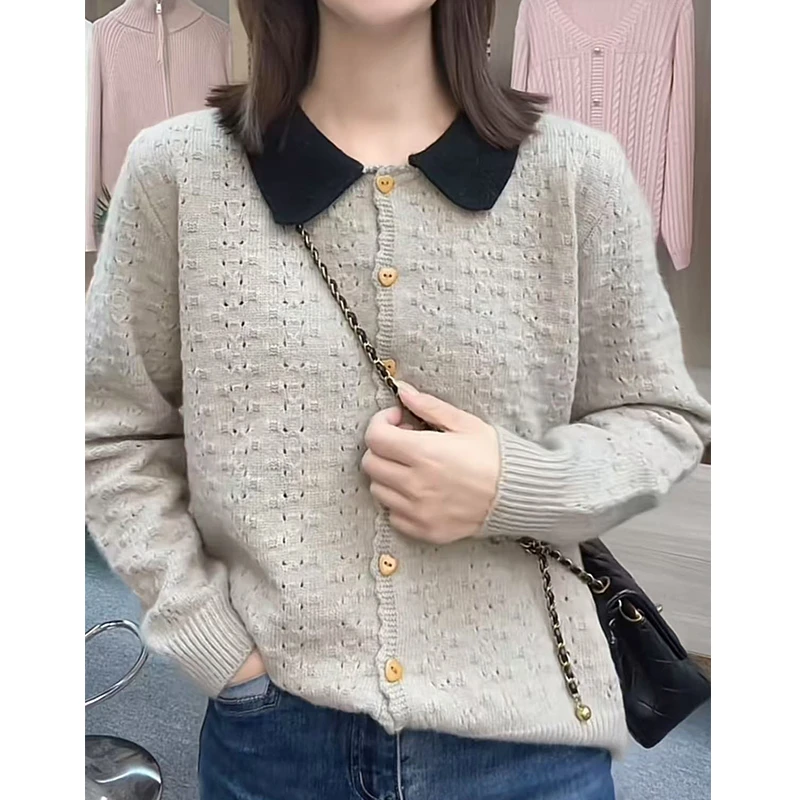 毛衣女开衫外套春装新款时尚洋气宽松polo领针织衫休闲复古上衣