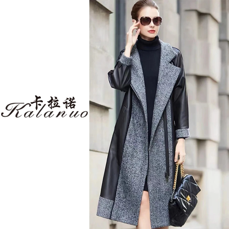 【卡拉诺】海宁时尚拼接绵羊皮羊毛风衣K-66023