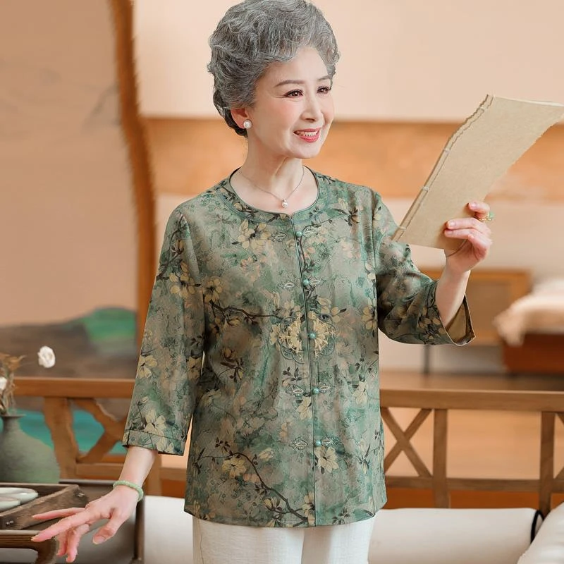 俞兆林奶奶夏装七分袖圆领刺绣上衣服老年人女装妈妈新中式衬衫圆
