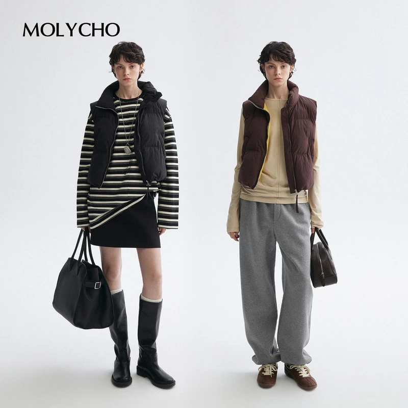 MOLYCHO｜流行古着色/日系简约宽松短款棉服马甲/小个子立领外套