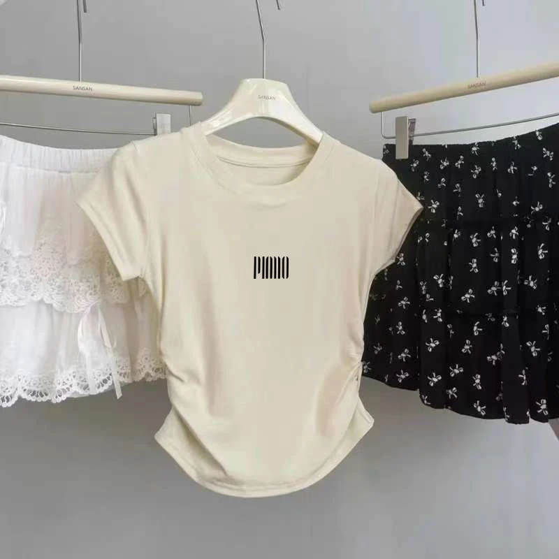 2025夏季简约T恤女上衣正肩收腰圆领短袖褶皱显瘦时尚百搭打底衫