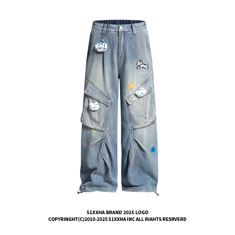 51嘻哈美式复古卡通小狗刺绣工装牛仔裤男女大口袋宽松阔腿长裤子