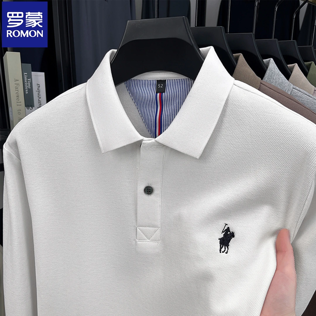 罗蒙男士翻领长袖polo衫男休闲百搭商务打底上衣时尚简约秋冬纯色