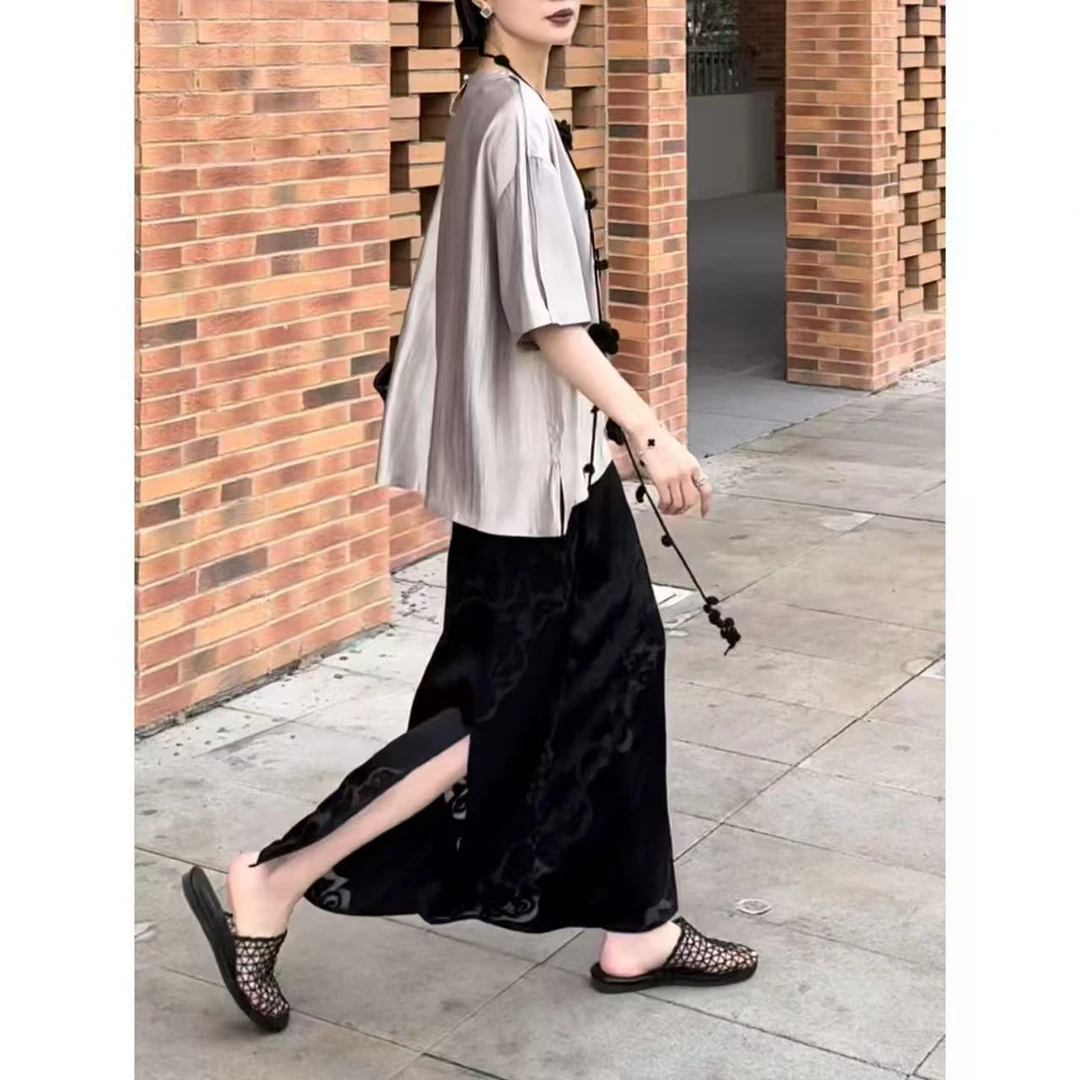 【泗渡】宽松长版百搭夏季人丝半身裙小众调性休闲时尚必备单品黑色