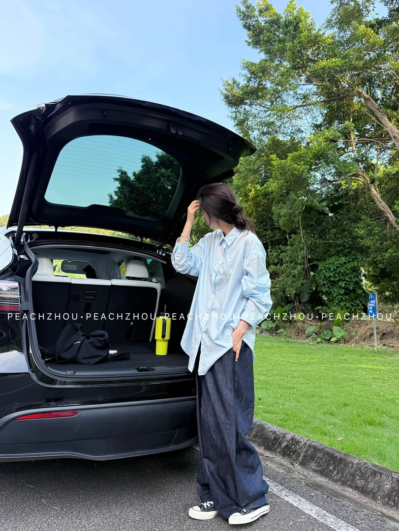 『PEACHZHOU』有机棉Baby蓝轻薄调节扣宽松休闲松驰翻领长袖衬衫