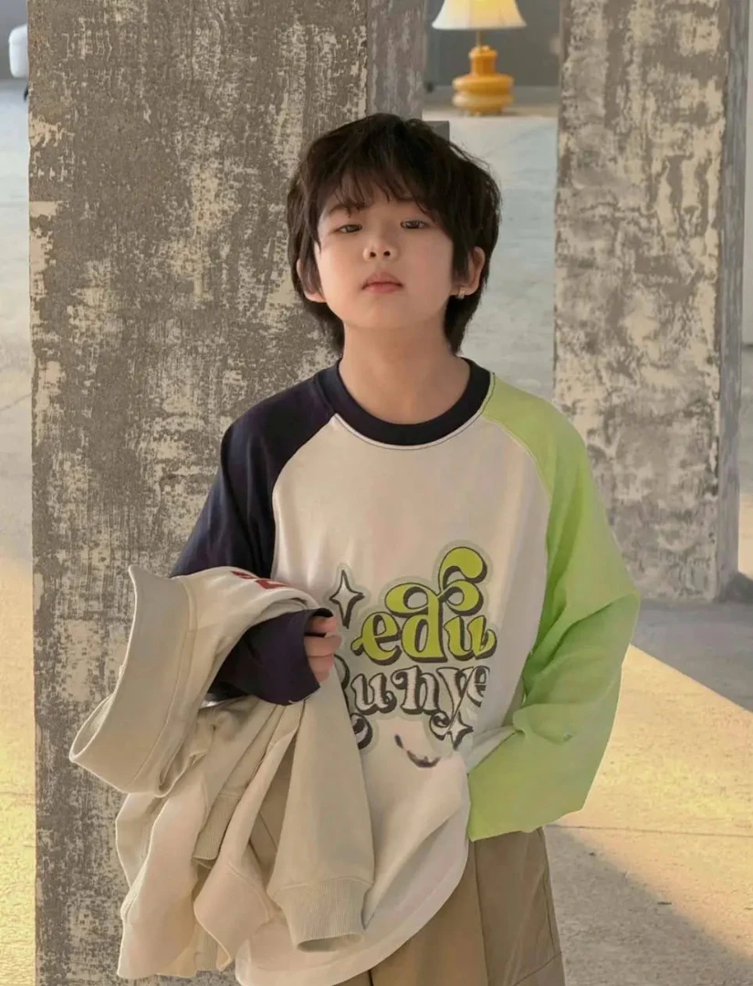 KAMIPI春季韩版拼接撞色儿童长袖T32516上衣薄款春秋