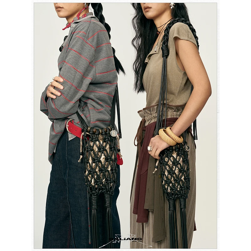 BALIANG「捌樑」可拆卸内袋手工编织超纤蜡绳网兜串珠流苏斜挎包