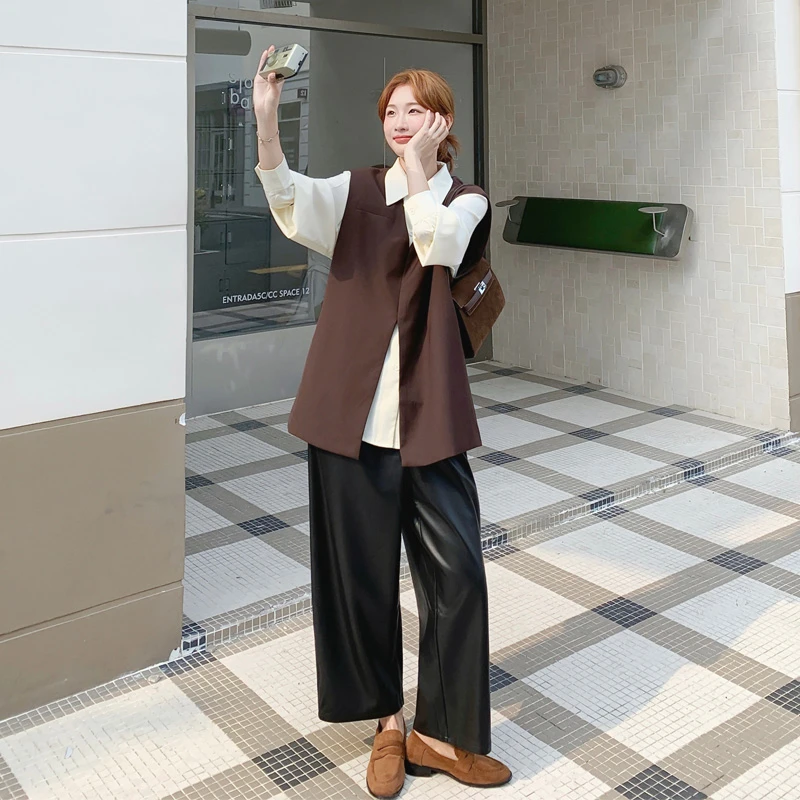 复古老钱风马甲衬衫PU皮阔腿裤2025春秋新款韩系ins美拉德三件套