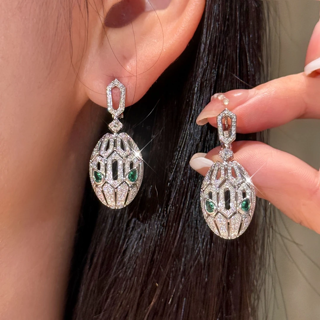 QANNA【大号绿眼睛】【满钻蛇头】豪华晚宴款设计满钻钻石灵蛇耳环AY