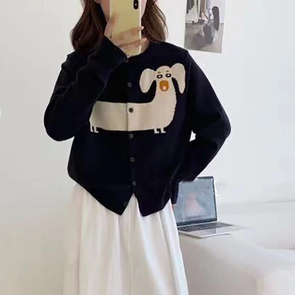 玲姐定制-圆领卡通腊肠狗提花宽松百搭针织开衫449831