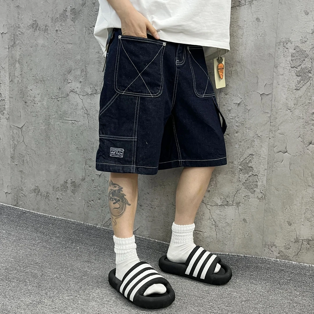 尹小鸡 复古重磅小众设计宽松伐木丹宁原牛牛仔五分短裤男女 1048