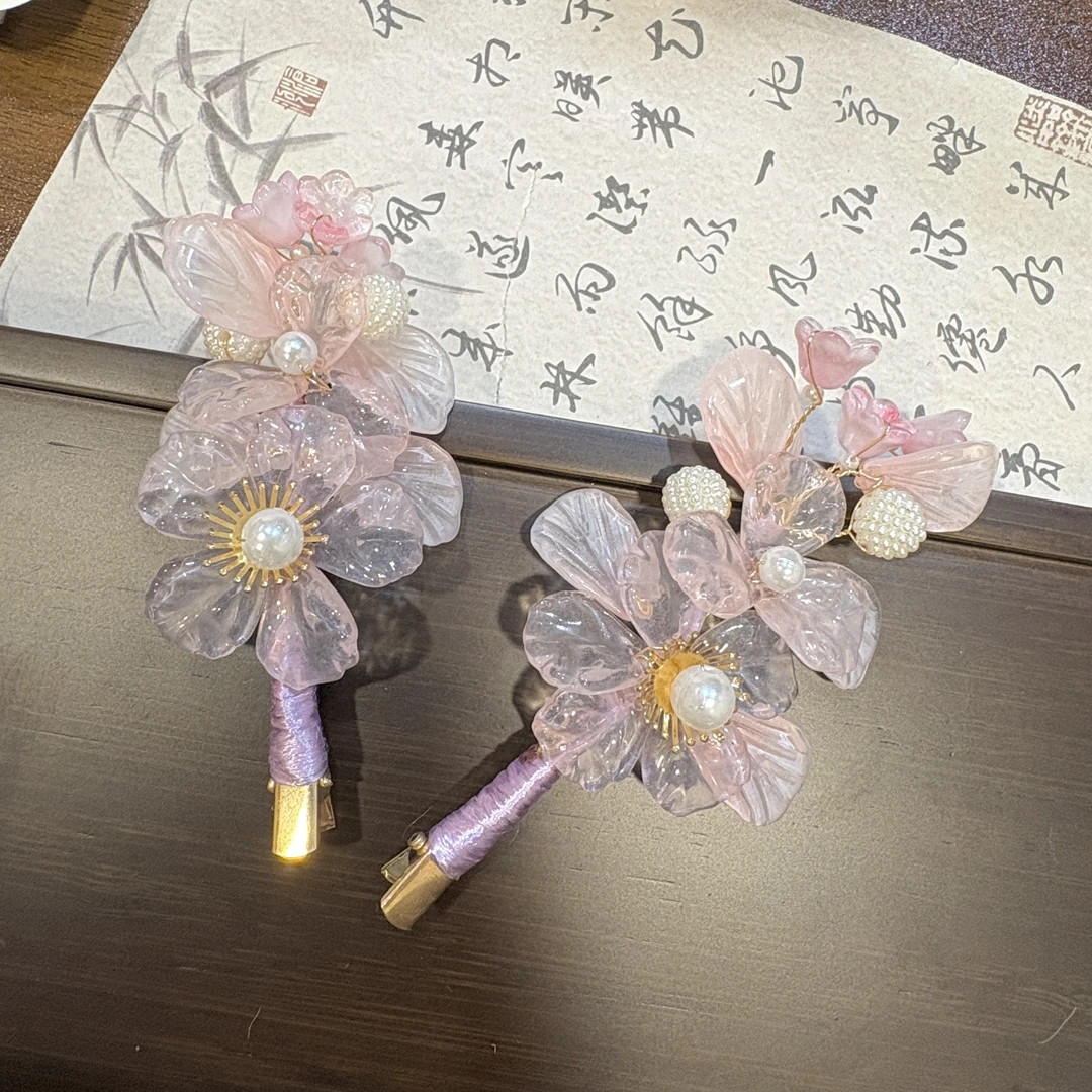 烟粉琉樱合金对夹爆款新中式汉服旗袍马面裙纯手工古风发夹Z0109