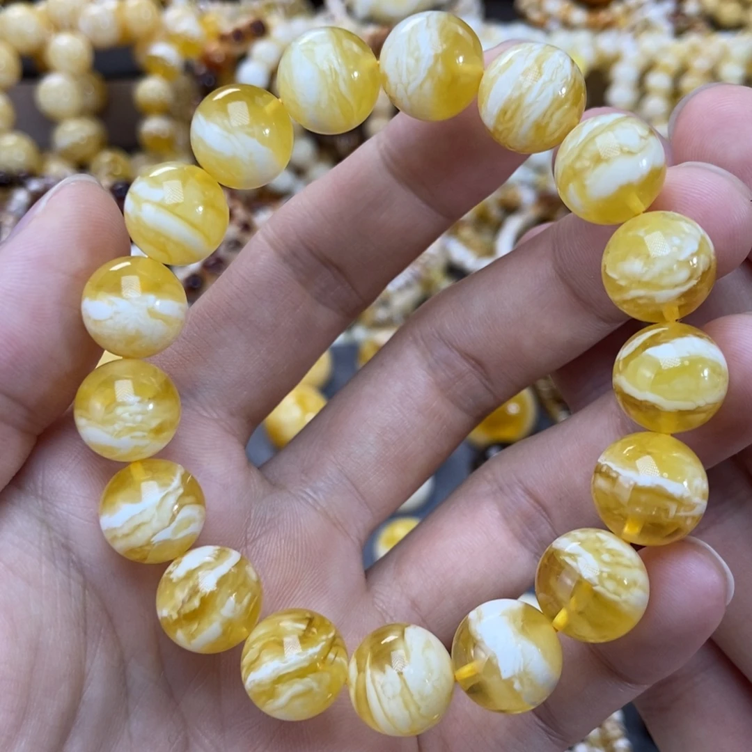 琥珀未镶嵌手链13+mm尺寸瓷白虎皮纹