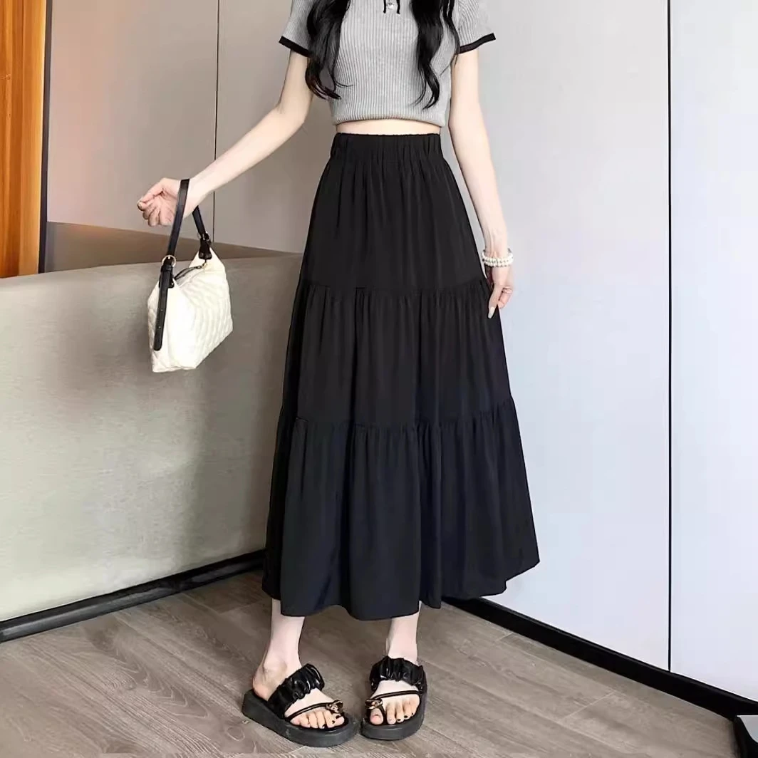 黑色伞裙半身裙女小个子夏季2024新款垂坠感中长裙高腰白色a字裙