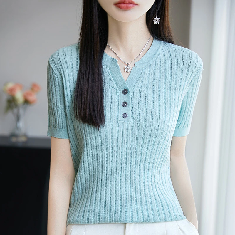 冰丝短袖女2025新款夏季薄款正肩白色t恤针织衫显瘦半袖上衣夏天