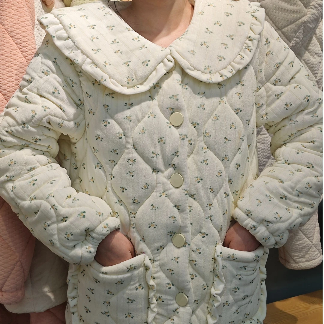 568#三层夹棉碎花女士新款秋冬季天睡衣加绒加厚珊瑚绒家居服套装