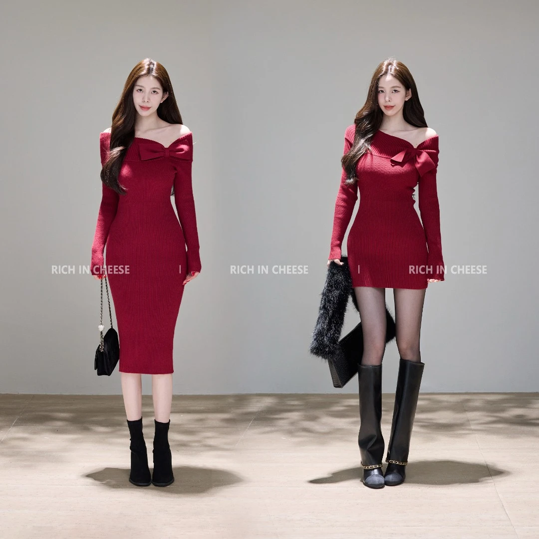 舒胡蕾 新年红宝石 秋冬气质蝴蝶结纯欲一字肩包臀针织收腰连衣裙