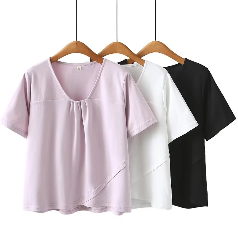 奢怡雅欣宇大码洋气显瘦春夏圆领胸前褶皱休闲T恤#鱼2528