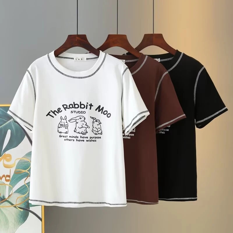 110-200斤大码女装夏季新品时尚印花上衣明线拼色正肩圆领短袖T恤