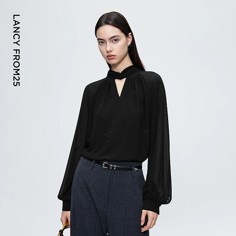 朗姿设计感经典黑时尚镂空立领上衣灯笼袖黑色衬衫2025年冬季新款