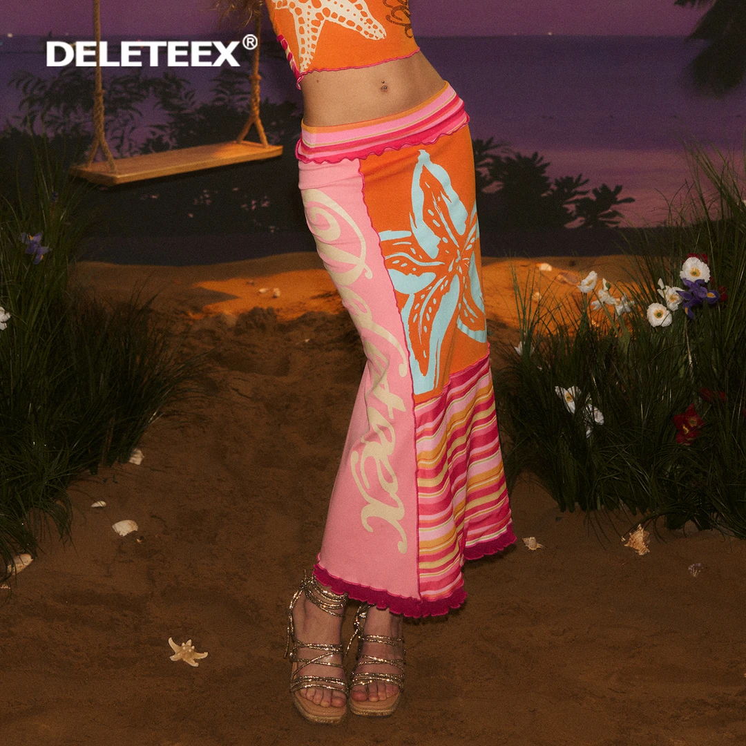 Deleteex原创晒痕系列夏日海星翻折腰拼接针织弹力包臀半身长裙