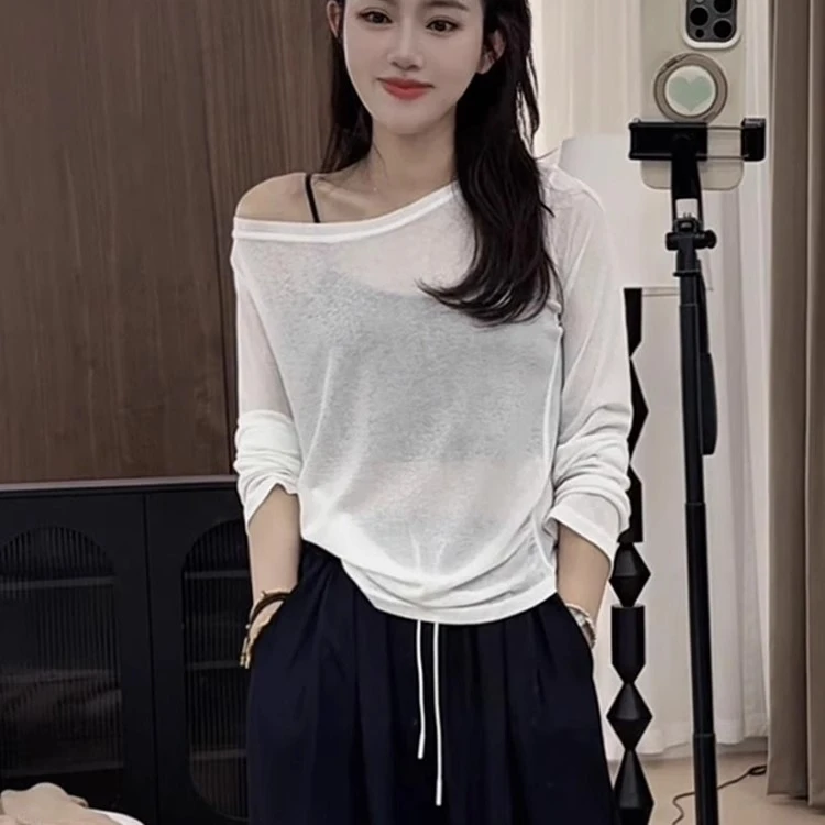 纯欲斜肩长袖t恤女薄款2025夏季新款爆款防晒罩衫一字肩露肩上衣