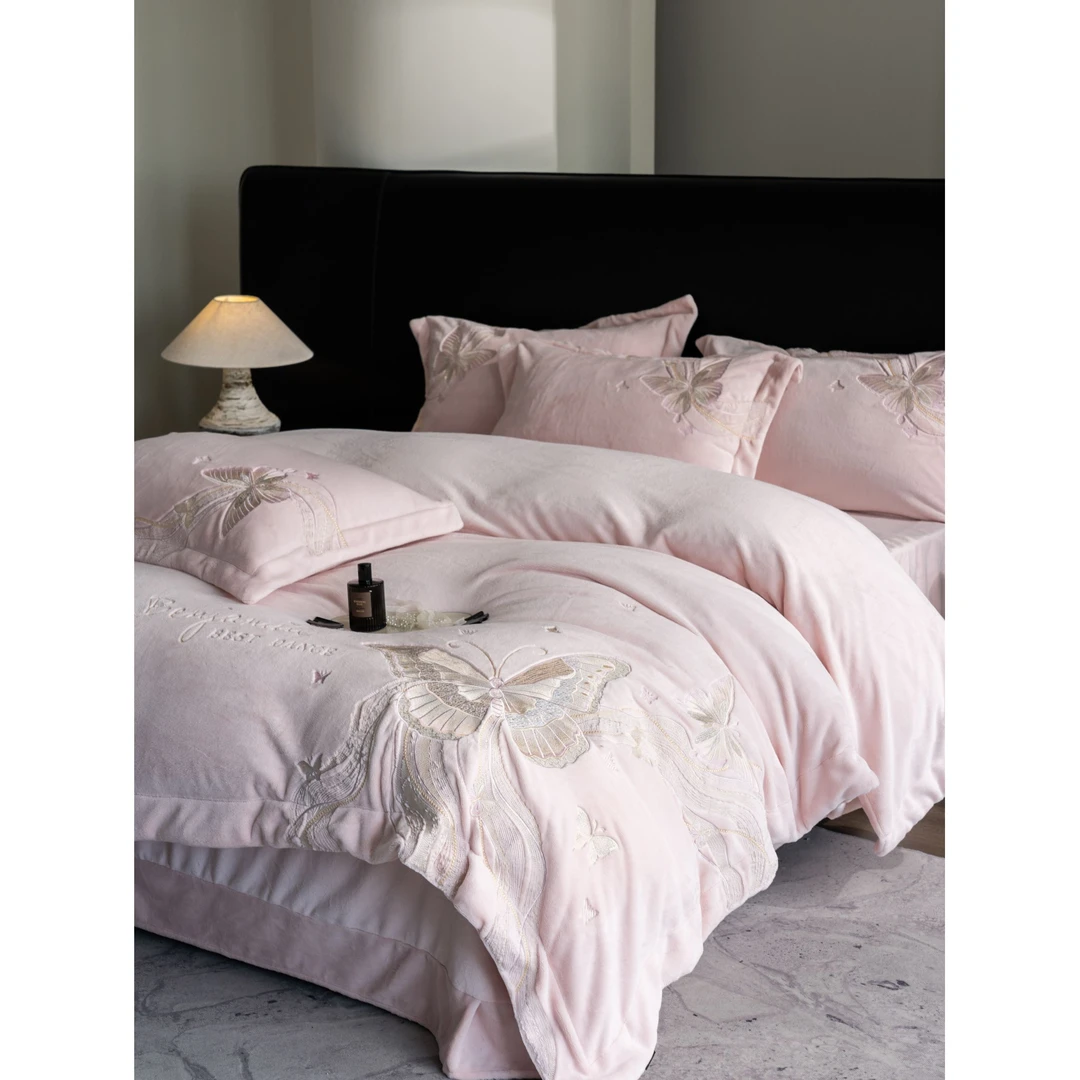 【轻风蝶舞】冬季新款全消光保暖重工刺绣款牛奶绒五件套