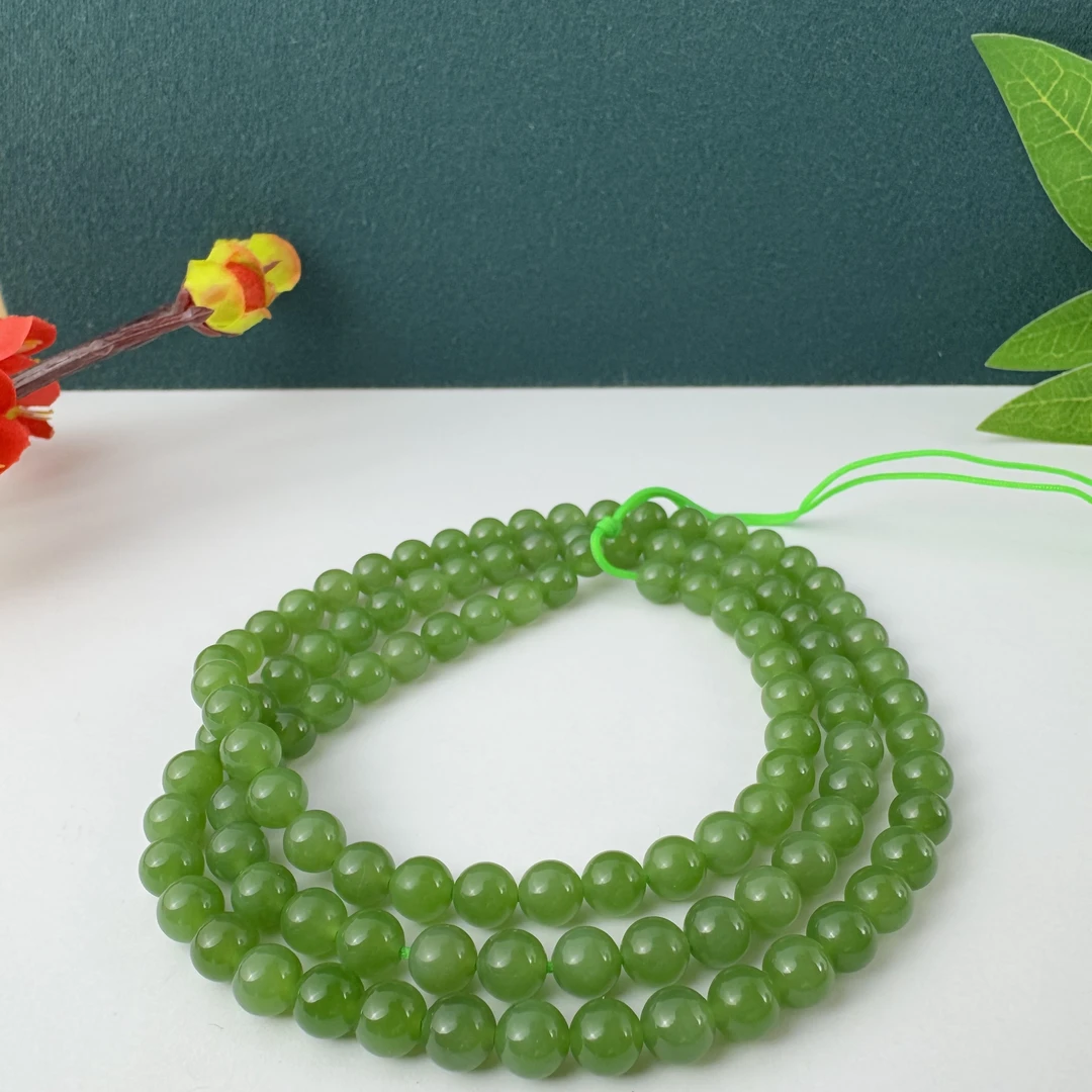 和田玉俄罗斯碧玉老坑料辣阳绿卡6mm项链长款108颗绿色女款轻奢