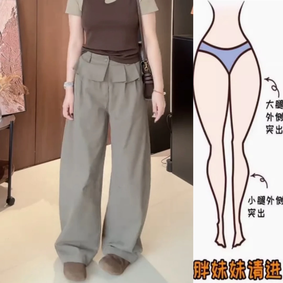 景倩妮韩系花边屁帘设计休闲裤2025年早秋新款高腰显瘦宽松阔腿裤