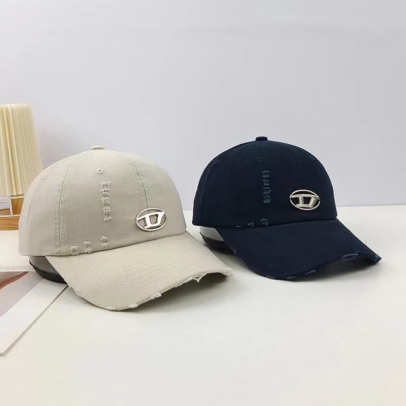 潮牌D金属标棒球帽街头破洞嘻哈女软顶鸭舌帽大头围显脸小百搭